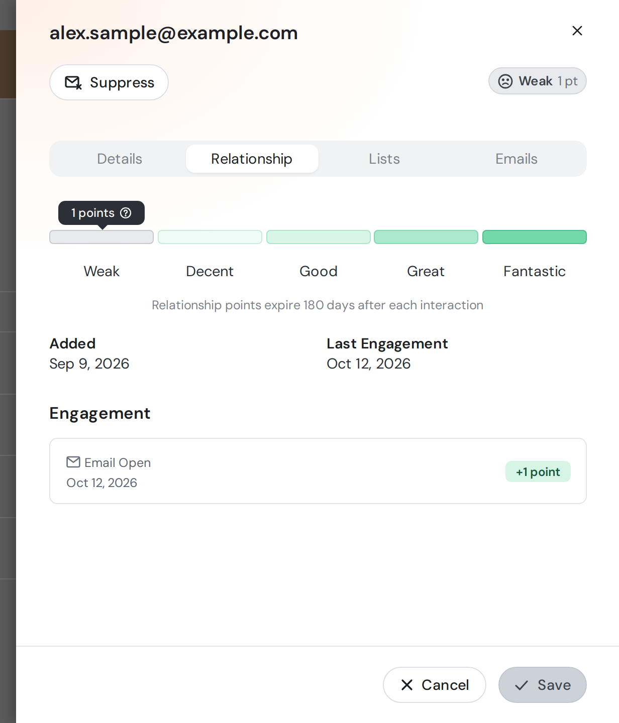 The Relationship tab with 1 point on the Weak to Fantastic meter, the Added and Last Engagement dates, and an Email Open engagement worth +1 point