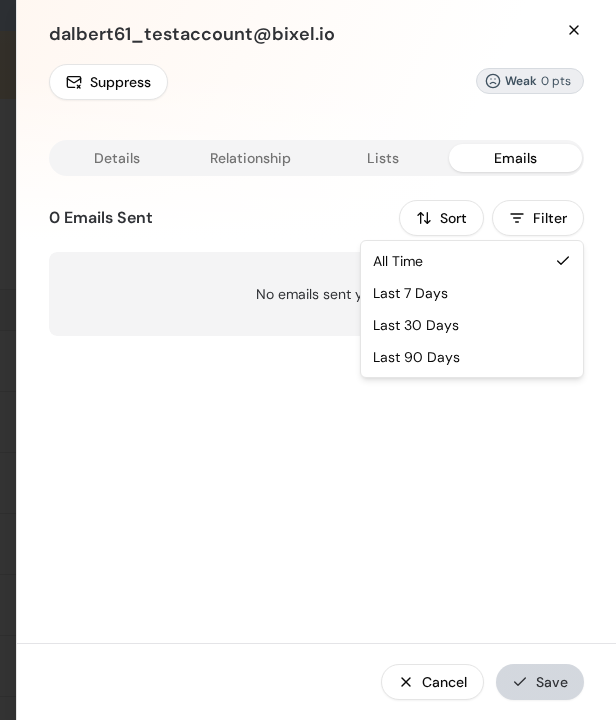 The Emails tab with the Filter menu open showing All Time, Last 7 Days, Last 30 Days, and Last 90 Days
