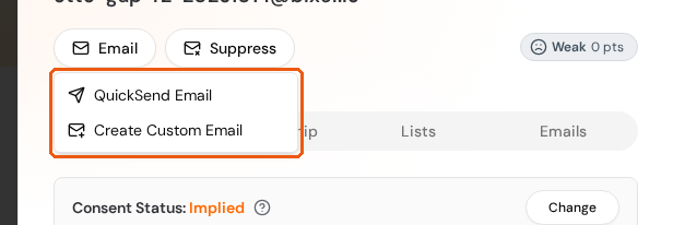 The Email menu with QuickSend Email and Create Custom Email