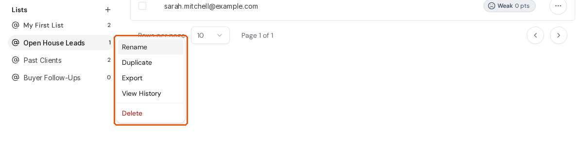 The list's menu in the sidebar, with Rename, Duplicate, Export, View History, and Delete