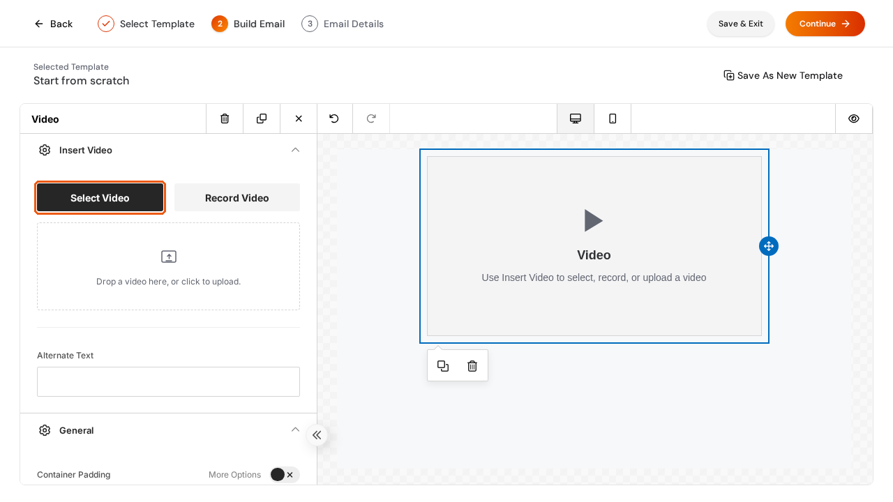 A Video block selected in the builder, with Select Video under Insert Video