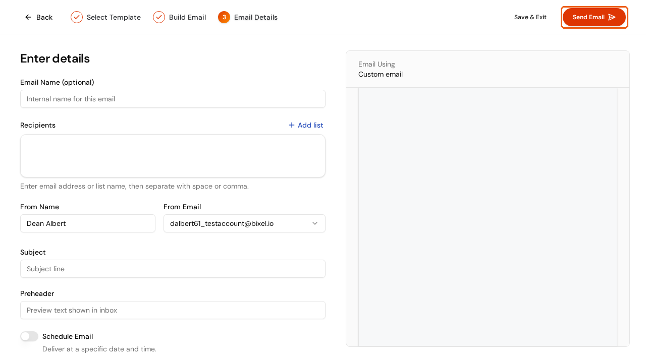 The Enter details step with Recipients, From Name, From Email, Subject, Preheader, and the Send Email button