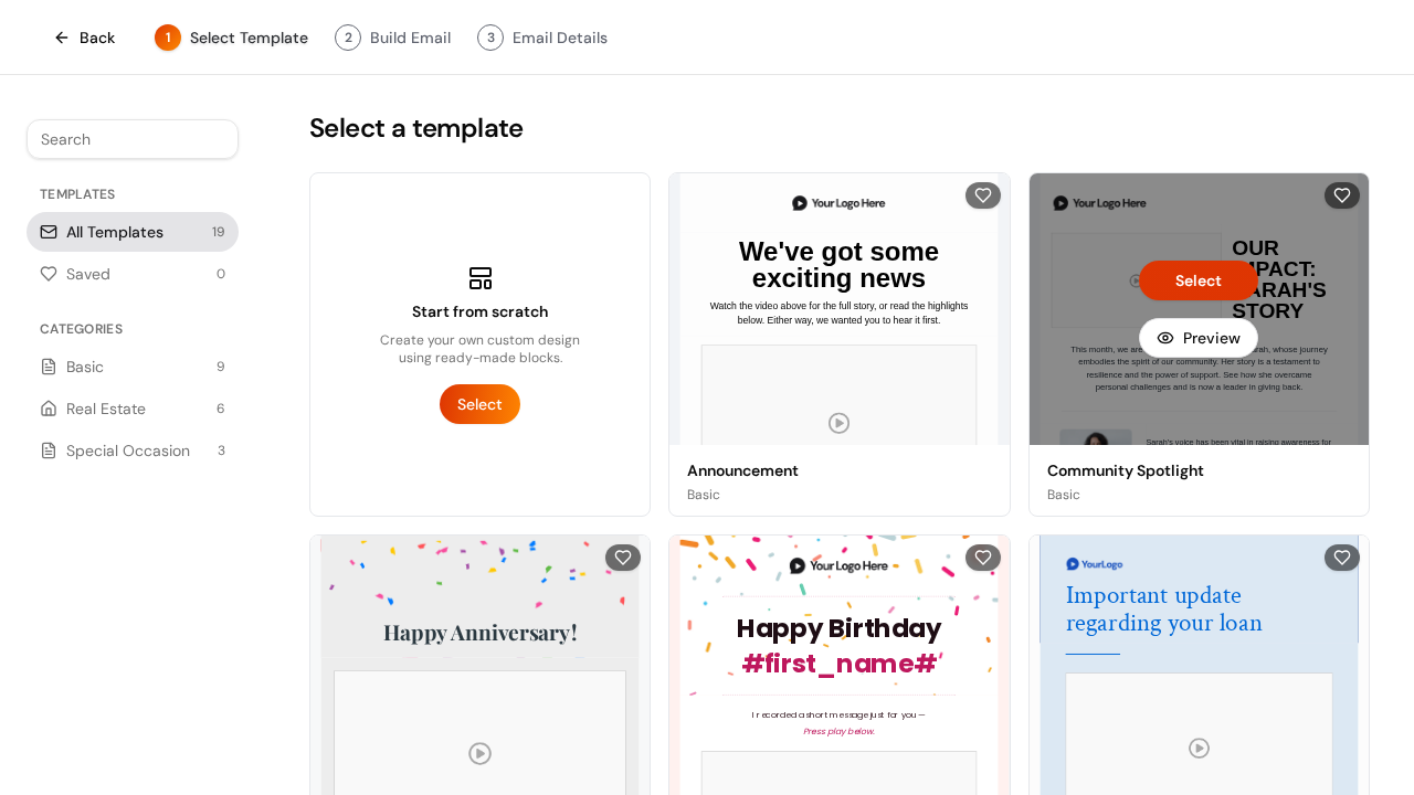 The Select a template page with Start from scratch, template categories, and Saved templates