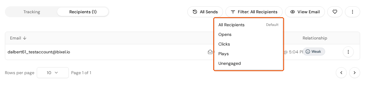 The Recipients tab with the filter menu open, showing All Recipients, Opens, Clicks, Plays, and Unengaged