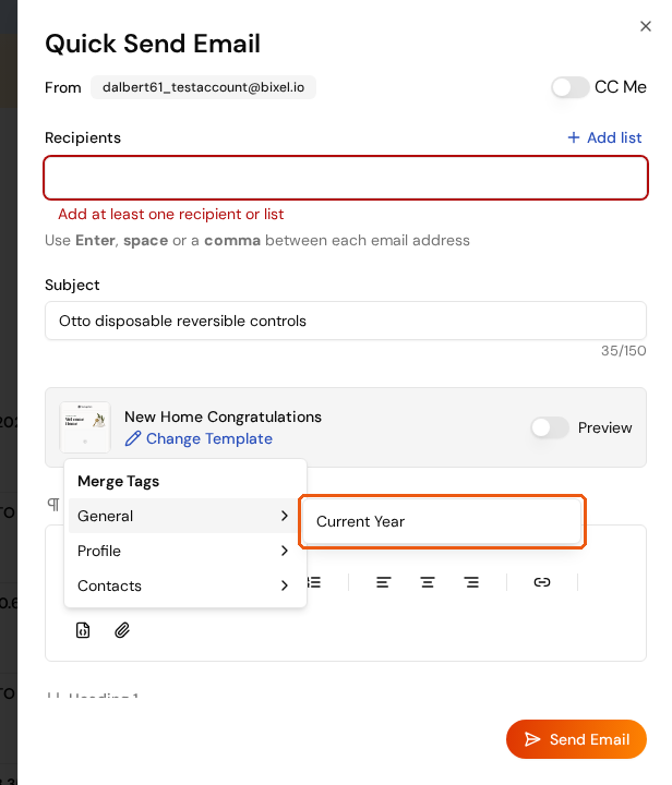 The Merge Tags menu with General, Profile, and Contacts categories