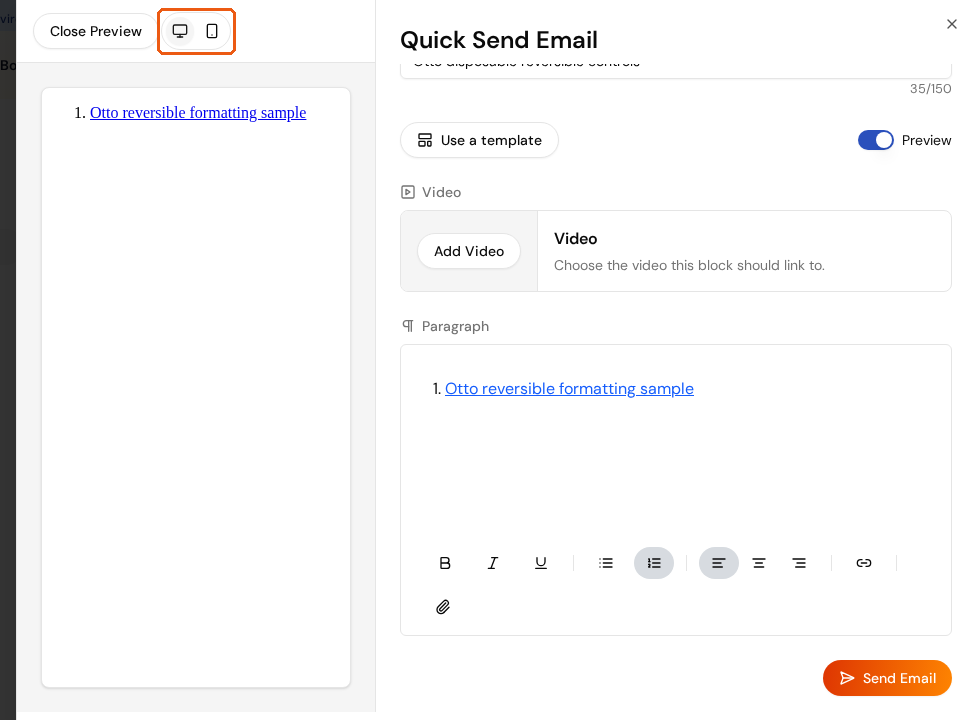 The email preview beside the Quick Send panel, with the desktop and mobile view icons highlighted