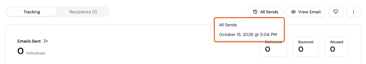The All Sends menu open, listing All Sends and one send date