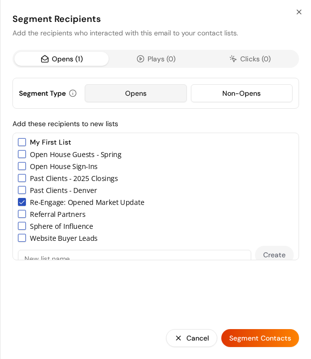 The Segment Recipients panel with the Opens tab, the Opens and Non-Opens Segment Type options, a checked contact list, and the Segment Contacts button