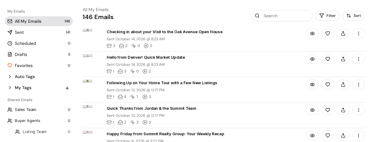 The All Emails tab with the My Emails and Shared Emails sidebar, the Search, Filter, and Sort controls, and sent email rows
