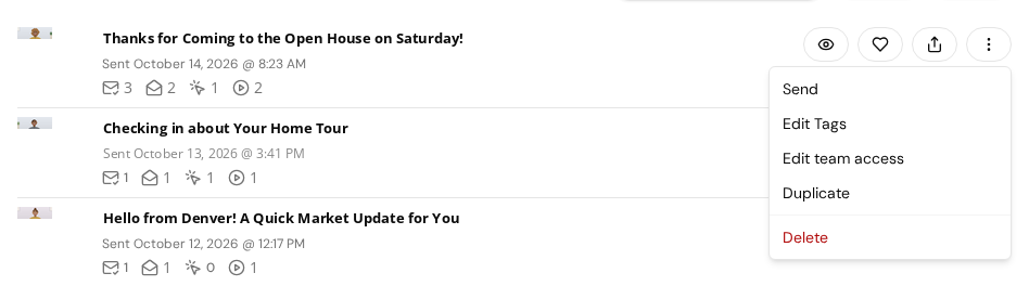 The More options menu on a sent email showing Send, Edit Tags, Edit team access, Duplicate, and Delete