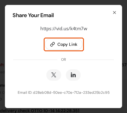 The Share Your Email dialog with the Copy Link button highlighted