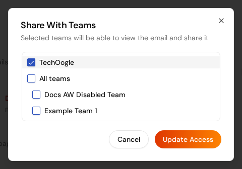 The Share With Teams dialog with a team checked and the Update Access button