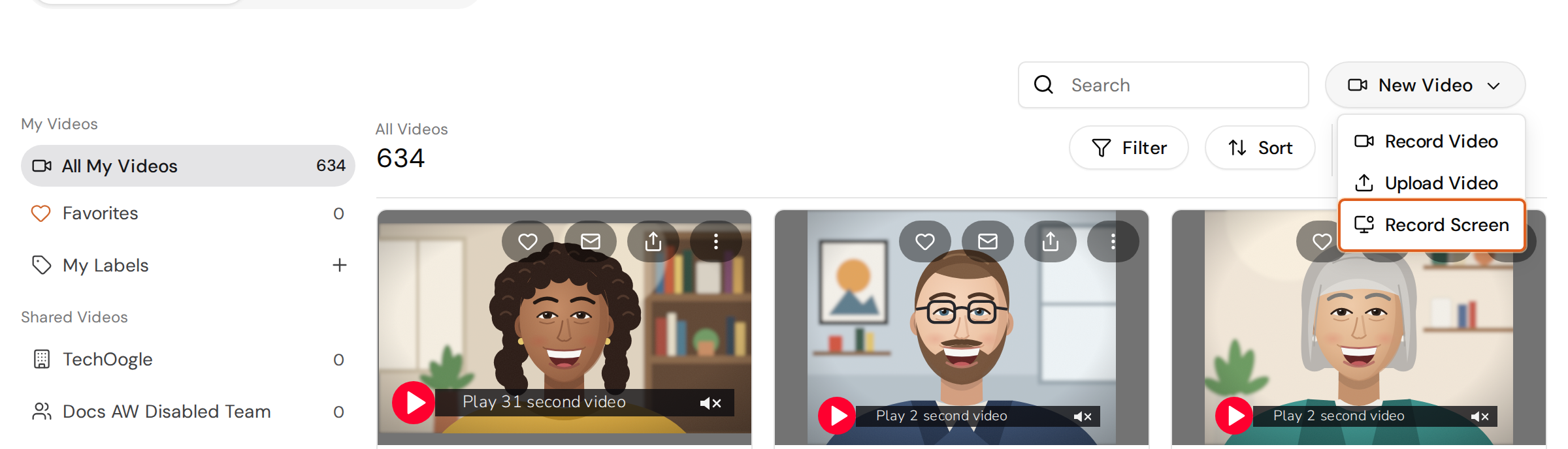 The New Video menu in your videos with Record Screen highlighted