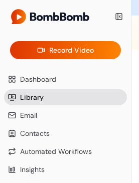 The top of the left navigation: BombBomb logo, Record Video, Dashboard, Library, Email, Contacts, Automated Workflows, and Insights