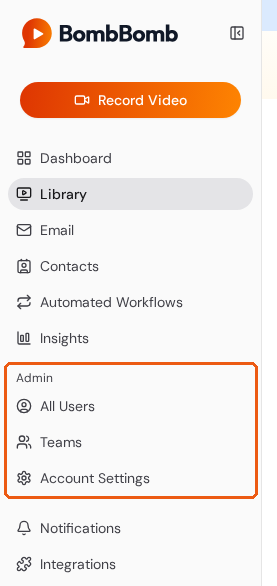 The left navigation for an Admin, with the Admin group (All Users, Teams, Account Settings) highlighted