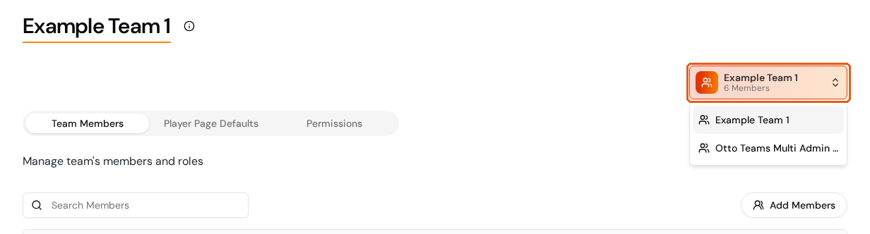 A team page with the team selector open in the top-right corner, above the Team Members, Player Page Defaults, and Permissions tabs