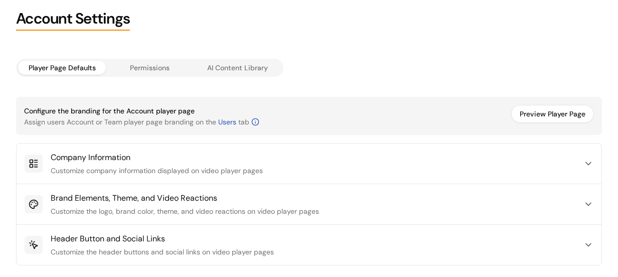 The Account Settings page with the Player Page Defaults, Permissions, and AI Content Library tabs