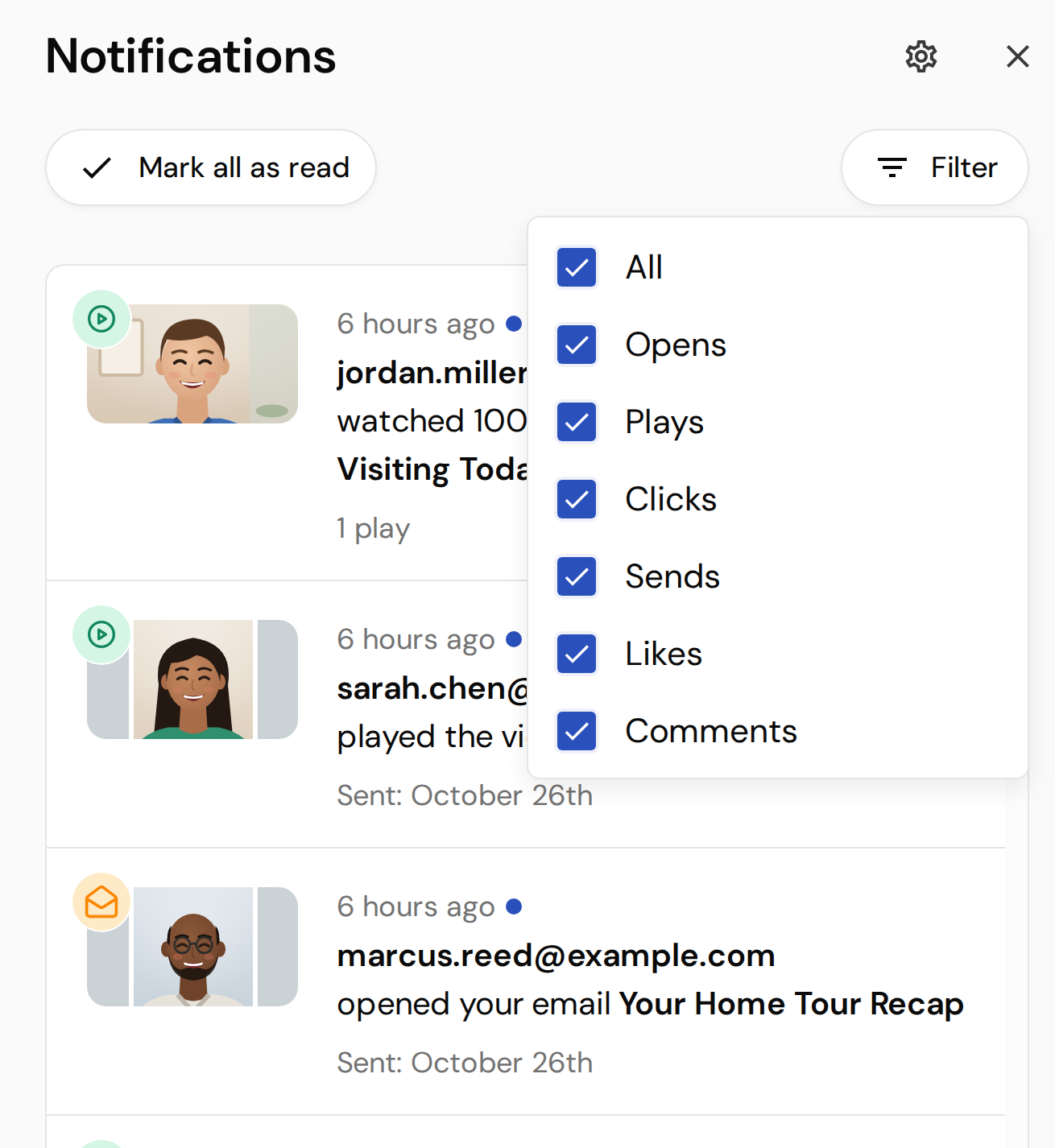 The Filter menu in the Notifications panel with every type checked
