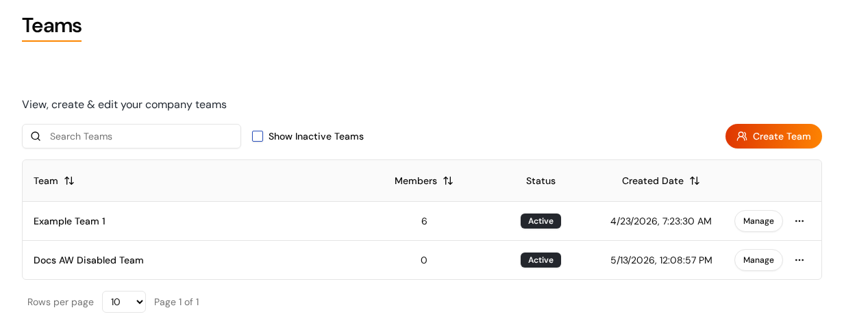 The Teams page listing company teams, with Search Teams, Show Inactive Teams, Create Team, and a Manage button on each row